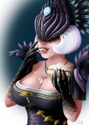 Rule 34 | 1girl, breasts, cake, cleavage, cream, eat, eating, feathers, food, game, gloves, gold, highres, hot, jewelry, large breasts, lips, lipstick, makeup, mature female, necklace, nox (smite), open mouth, short hair, simple background, smite, solo, standing, thick lips, white hair