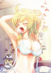 Rule 34 | 1girl, ahoge, alarm clock, alice margatroid, amiscia, amisu, apron, armpits, arms up, bed, black dress, blonde hair, bow, bra, breasts, character doll, cleavage, clock, dress, closed eyes, fang, female focus, grey eyes, hair bow, hakurei reimu, hat, kirisame marisa, lingerie, messy hair, navel, open bra, open mouth, panties, pantyshot, photo (object), round teeth, sideboob, sleepy, small breasts, solo, stomach, stretching, teeth, touhou, underwear, underwear only, upskirt, waking up, white bra, white panties, witch, witch hat, yawning