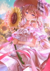 Rule 34 | 1girl, absurdres, artist logo, bead bracelet, beads, blonde hair, blue eyes, blue gemstone, blurry, blurry background, bow, bracelet, cloud, collarbone, dress, drill hair, fate/grand order, fate (series), flower, gem, hat, hat bow, highres, holding, holding flower, jewelry, long hair, marie antoinette (fate), parted lips, pink ribbon, plaid, plaid bow, red gemstone, ribbon, shell hair ornament, sky, solo, sun hat, sunflower, totomiya, white dress, white flower, yellow flower
