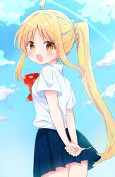 Rule 34 | 1girl, ahoge, blonde hair, blue skirt, blue sky, blush, bocchi the rock!, bow, bowtie, brown eyes, cloud, cloudy sky, commentary request, cowboy shot, day, from behind, highres, ijichi nijika, long hair, looking at viewer, looking back, miniskirt, nanami ayane (kusunoki5050), open mouth, outdoors, pleated skirt, polka dot, polka dot bow, polka dot bowtie, red bow, red bowtie, school uniform, shimokitazawa high school uniform, shirt, short sleeves, side ponytail, sidelocks, skirt, sky, smile, solo, standing, tareme, very long hair, white shirt
