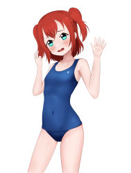 Rule 34 | 1girl, absurdres, artist request, bare shoulders, blush, collarbone, covered navel, dot nose, eyebrows, female focus, hair between eyes, hands up, highres, kurosawa ruby, looking at viewer, love live!, love live! sunshine!!, open mouth, red hair, short hair, simple background, solo, standing, swimsuit, twintails, two side up, upper body