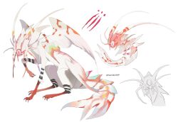 Rule 34 | animal focus, antennae, claw mark, claws, feathered wings, from side, full body, highres, kamikiririp, monster, multiple views, multiple wings, no humans, no mouth, one-eyed, original, pink eyes, shrimp tail, simple background, sitting, slit pupils, tail, twitter username, white background, wings