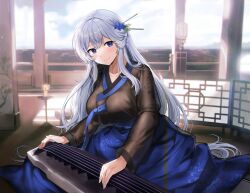 Rule 34 | 1girl, black dress, blue eyes, blue hair, blue sky, breasts, closed mouth, cloud, cloudy sky, collarbone, day, dress, gijang, hanbok, indoors, korean clothes, large breasts, long hair, long sleeves, looking at viewer, original, sitting, sky, smile, solo