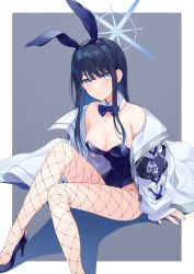 Rule 34 | 1girl, animal ears, arm support, black hair, blue archive, blue eyes, bow, bowtie, coat, detached collar, fake animal ears, fishnet pantyhose, fishnets, halo, high heels, highres, kano hito, leotard, long hair, off shoulder, pantyhose, playboy bunny, rabbit ears, saori (blue archive), sitting, solo, strapless, strapless leotard, traditional bowtie, white coat, wrist cuffs