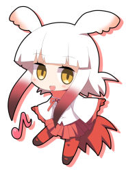 Rule 34 | 10s, 1girl, blunt bangs, blush stickers, chibi, gloves, head wings, japanese crested ibis (kemono friends), kemono friends, long sleeves, looking at viewer, multicolored hair, musical note, osaragi mitama, pantyhose, red hair, red pantyhose, simple background, skirt, smile, solo, two-tone hair, white background, white hair, wings, yellow eyes