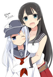 Rule 34 | 10s, 2girls, :d, ;(, agano (kancolle), blue eyes, blush, breasts, dated, flat chest, hibiki (kancolle), hug, kantai collection, large breasts, long hair, looking at viewer, multiple girls, one eye closed, open mouth, simple background, smile, wara (warapro), white background