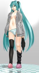 Rule 34 | 1girl, ahoge, aqua hair, bad id, bad pixiv id, black thighhighs, blue panties, breasts, checkered floor, collarbone, floor, full body, gradient background, green eyes, grey background, hatsune miku, highres, holding, holding clothes, hood, hoodie, jacket, long hair, loose thighhigh, naked hoodie, navel, nipple slip, nipples, no bra, no pants, one eye closed, open clothes, open hoodie, open jacket, open mouth, panties, shiny skin, skindentation, sleeves past wrists, slippers, solo, standing, striped clothes, striped panties, sui81, thighhighs, twintails, underwear, very long hair, vocaloid, yawning