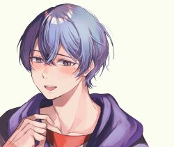Rule 34 | 1boy, aoyagi touya, blue hair, blush, commentary request, dark blue hair, grey eyes, hand up, highres, hood, hood down, kinomi 3030, looking at viewer, male focus, mole, mole under eye, multicolored hair, open mouth, project sekai, purple hood, short hair, simple background, smile, solo, split-color hair, teeth, two-tone hair, upper body, upper teeth only, yellow background