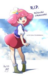 Rule 34 | 1girl, blue sky, cloud, commentary request, dated, full body, highres, long hair, looking back, mahou no princess minky momo, minky momo, nii manabu, okazaki ritsuko, outstretched arms, ozakazi ritsuko, pink hair, red shirt, rest in peace (phrase), shirt, signature, sky, smile, solo, standing, typo, white shirt, yellow footwear