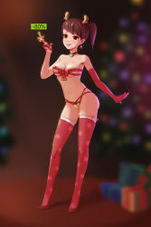 Rule 34 | 1girl, antlers, asymmetrical gloves, bell, blurry, blurry background, box, bra, breasts, brown eyes, brown hair, choker, christmas, cleavage, diagonal bangs, earrings, elbow gloves, full body, gift, gift box, gloves, hairband, half gloves, high heels, horns, indoors, jewelry, key, lianbanong, lingerie, lock, looking at viewer, medium breasts, mismatched gloves, navel, neck bell, original, padlock, panties, parted lips, print thighhighs, red bra, red choker, red footwear, red gloves, red hairband, red panties, red thighhighs, reindeer antlers, ribbon bra, sex toy, shoes, skindentation, smile, solo, standing, star (symbol), star print, string panties, thighhighs, underwear, uneven gloves, valve software, vibrator, vibrator in thighhighs