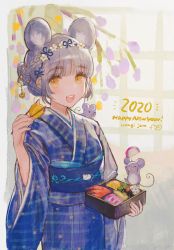 Rule 34 | &gt; &lt;, 1girl, 2020, :d, animal, animal ear fluff, animal ears, blue kimono, blush, braid, branch, brown eyes, chinese zodiac, chopsticks, closed eyes, commentary request, food, french braid, grey hair, holding, holding chopsticks, japanese clothes, kimono, looking at viewer, miyako (xxxbibit), mouse (animal), mouse ears, obi, open mouth, original, plaid kimono, sash, short sleeves, smile, solo, standing, teeth, thick eyebrows, upper teeth only, wide sleeves, xd, year of the rat