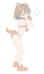 Rule 34 | 1girl, :3, animal ears, animal hands, arched back, ass, back, bandaid, bandaid on face, bandaid on nose, bikini, breasts, brown bikini, brown hair, closed eyes, do it yourself!!, dog ears, dog tail, fake animal ears, fake tail, fang, female focus, full body, gloves, highres, open mouth, paw gloves, paw shoes, simple background, sincos, skin fang, small breasts, smile, solo, speech bubble, standing, swimsuit, tail, translation request, white background, yua serufu