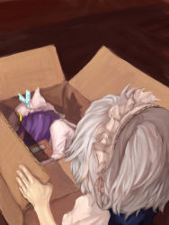 Rule 34 | 2girls, binayu, book, box, brown background, cardboard box, crescent, crescent hair ornament, female focus, hair ornament, hat, in box, in container, izayoi sakuya, lying, maid headdress, multiple girls, on side, patchouli knowledge, purple hair, silver hair, simple background, touhou