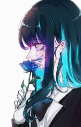 Rule 34 | 1girl, black bow, black bowtie, blue eyes, blue flower, blue hair, blue rose, bow, bowtie, cloud nine inc, collared shirt, colored inner hair, commentary, dark blue hair, dress shirt, english commentary, flower, gloves, hair behind ear, highres, holding, holding flower, long hair, multicolored hair, original, paint on body, parted lips, popu pop, rose, shirt, sidelocks, simple background, solo, two-tone hair, upper body, utaite, white background, white gloves, white shirt