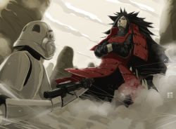 Rule 34 | 2boys, armor, colored skin, crossed arms, crossover, dust, eudetenis, gun, highres, long hair, looking down, male focus, multiple boys, naruto, naruto (series), red armor, spiked hair, star wars, stormtrooper, uchiha madara, very long hair, weapon, white armor