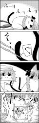 Rule 34 | 1girl, 4koma, animal ears, bow, braid, broken glass, cat ears, cat tail, chopsticks, cirno, comic, glass, greyscale, hair bow, hat, highres, kaenbyou rin, letty whiterock, monochrome, multiple tails, o o, open mouth, scarf, shaded face, smile, tail, tail grab, tail wagging, tani takeshi, touhou, translation request, twin braids, window, yukkuri shiteitte ne