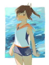 Rule 34 | 1girl, blue one-piece swimsuit, blush, brown eyes, brown hair, highres, i-401 (kancolle), kantai collection, kumofuki, looking at viewer, one-piece swimsuit, open mouth, orange sailor collar, ponytail, sailor collar, simple background, sleeveless, solo, sweat, swimsuit, swimsuit under clothes, water