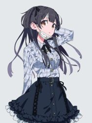 Rule 34 | 1girl, arm behind head, arm up, belt, black belt, black hair, black skirt, blunt bangs, breasts, brown eyes, frilled shirt, frilled skirt, frills, grey background, grey shirt, idolmaster, idolmaster shiny colors, layered skirt, long hair, long sleeves, looking at viewer, mask, unworn mask, mayuzumi fuyuko, medium breasts, mouth mask, oda ya ka, open mouth, parted lips, plaid, plaid shirt, shirt, simple background, skirt, solo, surgical mask, two side up, upper body, white mask