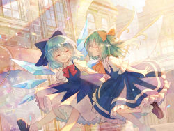 Rule 34 | 2girls, :d, architecture, ascot, black footwear, blue bow, blue dress, blue hair, bow, bowtie, building, cirno, closed eyes, commission, confetti, daiyousei, detached wings, dress, facing another, fairy wings, frilled dress, frills, green hair, hair bow, happy, highres, ice, ice wings, light rays, mary janes, medium hair, multiple girls, open mouth, outdoors, pinafore dress, puffy short sleeves, puffy sleeves, red bow, red bowtie, second-party source, shima haruka (ruetrica), shirt, shoes, short sleeves, side ponytail, skeb commission, sleeveless dress, smile, socks, teeth, touhou, upper teeth only, white shirt, white socks, window, wings, yellow ascot, yellow bow
