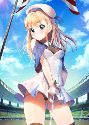 Rule 34 | 1girl, absurdres, bad id, bad pixiv id, beret, black panties, blonde hair, blue eyes, blue sky, blurry, blush, bokeh, breasts, capelet, cleavage, closed mouth, cloud, cowboy shot, day, depth of field, dr poapo, dress, flag, frown, gluteal fold, hat, hat ribbon, head tilt, highres, legs apart, long hair, looking at viewer, original, outdoors, panties, pantyshot, ponytail, ribbon, sky, sleeveless, sleeveless dress, small breasts, solo focus, sparkle, standing, star (symbol), straight hair, thighhighs, underwear, upskirt, white dress