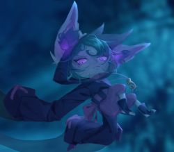 Rule 34 | 1girl, animal ear fluff, black robe, blurry, blurry background, bow, closed mouth, green hair, hood, hood up, jewelry, league of legends, lisan (vexnalrum), long sleeves, necklace, pants, pink eyes, robe, solo, vex (league of legends), yordle