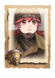Rule 34 | 1girl, camouflage, camouflage headwear, closed mouth, company of heroes, fang, hair between eyes, hair ornament, hat, helmet, jacket, long hair, military, military hat, military jacket, military uniform, orange eyes, original, ponytail, portrait, red hair, solo, uniform, united states army, world war ii, zhainan s-jun