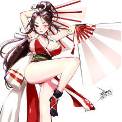 Rule 34 | 1girl, blush, breasts, cleavage, dated, ejami, fatal fury, hand fan, large breasts, one eye closed, parted bangs, pelvic curtain, ponytail, revealing clothes, shiranui mai, solo, standing, thighs, white background, wink
