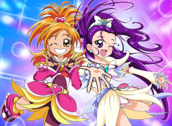 Rule 34 | 00s, 2girls, ;d, arm warmers, bike shorts, blue background, boots, bow, brooch, brown eyes, cure bloom, cure egret, double v, earrings, eyelashes, fingerless gloves, futari wa precure splash star, gloves, gradient background, grin, hair bow, hairband, heart, heart brooch, hyuuga saki, jewelry, knee boots, light particles, long hair, magical girl, mishou mai, multiple girls, one eye closed, open mouth, orange hair, ponytail, precure, purple background, purple eyes, purple hair, shorts, shorts under skirt, sinko (sinsin), skirt, smile, standing, standing on one leg, v, wink