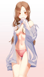 Rule 34 | 1girl, bad id, bad pixiv id, blush, breasts, brown eyes, brown hair, cardigan, cleavage, closed mouth, collarbone, cowboy shot, daimi 94, earrings, hair censor, hair over breasts, highres, jewelry, long hair, looking at viewer, medium breasts, naked cardigan, navel, off shoulder, open cardigan, open clothes, original, panties, parted bangs, red panties, simple background, sleeves past wrists, solo, standing, straight hair, thigh gap, underwear, very long hair, white background, white cardigan