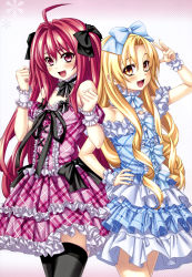 Rule 34 | 2girls, :d, absurdres, ahoge, bare shoulders, black legwear, blonde hair, bow, clenched hands, collar, corticarte apa lagranges, detached collar, dress, drill hair, flat chest, frilled collar, frilled dress, frills, gradient background, hair bow, hair ribbon, halftone, hand on own hip, highres, iaritikke sin goluot, kannatsuki noboru, long hair, multiple girls, open mouth, parted bangs, plaid, plaid dress, red eyes, red hair, ribbon, shinkyoku soukai polyphonica, sidelocks, simple background, smile, tareme, thighhighs, tsurime, two side up, v, wrist cuffs, yellow eyes