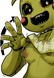 Rule 34 | 1girl, absurdres, android, bandanna (artist), black sclera, breasts, chica, colored sclera, female focus, five nights at freddy&#039;s, furry, furry female, highres, nipples, open mouth, robot, solo, toy chica, upper body, white background