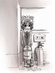 Rule 34 | 1girl, 2k-tan, bucket, fire extinguisher, glasses, monochrome, os-tan, puddle, solo