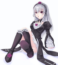 Rule 34 | 00s, 1girl, :o, asa (swallowtail), bare legs, black footwear, black socks, boots, bridal garter, flower, frilled sleeves, frills, full body, gothic lolita, knee boots, kneehighs, lolita fashion, long hair, long sleeves, looking at viewer, maid headdress, open mouth, parted lips, purple eyes, red eyes, rose, rozen maiden, shoes, silver hair, simple background, sitting, socks, solo, suigintou, swallowtail, white background