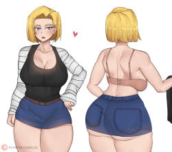 Rule 34 | 1girl, android 18, ass, blonde hair, blue eyes, blush, bob (bobtheneet), bob cut, bra, breasts, cleavage, cowboy shot, dragon ball, dragonball z, embarrassed, female focus, from behind, front and back, groin, heart, huge ass, large breasts, legs, looking at viewer, miniskirt, multiple views, open mouth, raglan sleeves, unworn shirt, short hair, simple background, skirt, solo, standing, thighs, underwear, white background