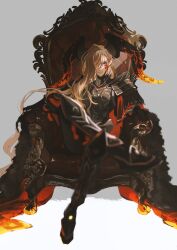 Rule 34 | 1girl, armor, black armor, black bodysuit, black cape, black gloves, black horns, blonde hair, bodysuit, boots, breastplate, cape, chair, crossed legs, demon, demon girl, demon horns, dragon horns, en (enxxx), facial mark, fate/grand order, fate (series), fur-trimmed cape, fur trim, gloves, hair over one eye, high heel boots, high heels, highres, horns, long hair, long horns, looking at viewer, nero claudius (fate), nero claudius (fate) (all), on chair, one eye covered, pointy ears, queen draco (fate), queen draco (third ascension) (fate), red cape, red eyes, shoulder plates, simple background, sitting, smile, solo, very long hair, wavy hair