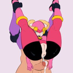Rule 34 | 1boy, 1girl, after anal, aftersex, ahegao, anus, anythinggoes, bodysuit, boots, capcom, cleft of venus, colorized, cum, cum in ass, cum on penis, helmet, highres, leg grab, legs up, leotard, mega man (series), mega man battle network, nipples, open mouth, pink thighhighs, pussy, roll.exe (mega man), self-upload, thighhighs, third-party edit, tight clothes, torn clothes