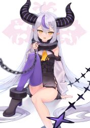 Rule 34 | 1girl, :d, absurdres, ahoge, bare shoulders, chain, collar, demon girl, demon horns, fang, flat chest, grey hair, hair between eyes, highres, hololive, horns, la+ darknesss, la+ darknesss (1st costume), long hair, long sleeves, looking at viewer, metal collar, multicolored hair, neckerchief, open mouth, pointy ears, purple hair, purple thighhighs, simple background, single thighhigh, sitting, smile, solo, streaked hair, striped horns, thighhighs, thighs, very long hair, virtual youtuber, white background, yellow eyes, yuzukicture