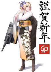 Rule 34 | 1girl, absurdres, bismarck (kancolle), black kimono, blonde hair, blue eyes, blush, chinese zodiac, closed mouth, floral print, full body, fur-trimmed kimono, fur trim, hair between eyes, happy new year, highres, japanese clothes, kantai collection, kimono, long hair, long sleeves, machinery, new year, obi, print kimono, rigging, sash, simple background, sing152, solo, standing, turret, white background, wide sleeves, year of the rabbit
