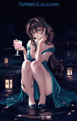 Rule 34 | 1girl, bare legs, bare shoulders, bead necklace, beads, black hair, blue dress, blue eyes, commentary, cup, cupping glass, dress, hair between eyes, hands up, highres, holding, holding cup, honkai: star rail, honkai (series), jewelry, long hair, looking at viewer, necklace, off-shoulder dress, off shoulder, ponytail, red lips, ruan mei (honkai: star rail), short sleeves, smile, solo, squatting, thighs, tomatolacoon, very long hair