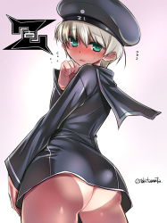 Rule 34 | 10s, 1girl, ass, bad id, bad pixiv id, beret, blush, bottomless, dress, embarrassed, from behind, gradient background, green eyes, hat, kantai collection, long sleeves, looking at viewer, looking back, no panties, one-hour drawing challenge, sailor dress, sailor hat, short hair, silver hair, solo, tan, tanline, tokita monta, z1 leberecht maass (kancolle)