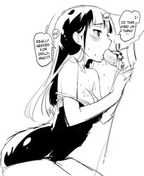 Rule 34 | 1girl, bare shoulders, black hair, blush, fellatio, hard-translated, long hair, monochrome, mozu (peth), off shoulder, one-piece swimsuit, oral, penis, sakamoto mio, strike witches, swimsuit, third-party edit, translated, uncensored, world witches series
