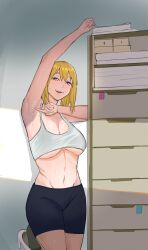 Rule 34 | 1girl, absurdres, arm up, armpits, bike shorts, blonde hair, breasts, cleavage, commentary, crop top, english commentary, filing cabinet, foot up, green eyes, hair between eyes, high heels, highres, indoors, large breasts, lips, looking at viewer, medium hair, milfmatty, navel, office lady, original, parted lips, pointing, pointing at self, presenting armpit, reaching, shoes, shorts, smile, solo, stomach, sunlight, sweat, tank top, teasing, underboob