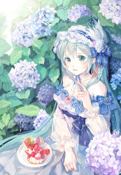 Rule 34 | 1girl, absurdres, alternate costume, aqua eyes, aqua hair, bad id, bad pixiv id, bare shoulders, blue ribbon, blush, bow, breasts, brooch, cake, cleavage, commentary, day, dress, feather hair ornament, feathers, flower, food, fork, frill trim, frilled dress, frilled hairband, frills, hair between eyes, hair flower, hair ornament, hair ribbon, hairband, hat, hatsune miku, high-waist skirt, highres, holding, holding fork, hydrangea, jewelry, leaf, lolita fashion, lolita hairband, long dress, long hair, looking at viewer, maccha (mochancc), medium breasts, neck ribbon, necklace, outdoors, parted lips, pearl necklace, plate, puffy sleeves, ribbon, sitting, skirt, smile, solo, strapless, strapless dress, straw hat, very long hair, vocaloid, waist bow, white dress
