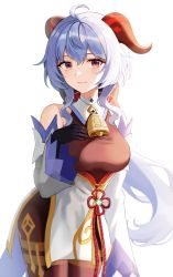 Rule 34 | 1girl, absurdres, ahoge, bare shoulders, bell, black gloves, blue hair, blush, bow, breasts, brown pantyhose, chinese knot, cowboy shot, detached sleeves, flower knot, ganyu (genshin impact), genshin impact, gloves, gold trim, hand on own chest, highres, horns, long hair, looking at viewer, low ponytail, medium breasts, monjja, neck bell, pantyhose, purple eyes, sidelocks, smile, solo, thighlet, thighs, vision (genshin impact), white background, white sleeves