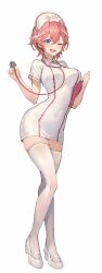 Rule 34 | 1girl, blue eyes, blush, breasts, clipboard, collared dress, covered navel, dress, full body, hair wings, hands up, hat, heel up, high heels, holding, hololive, impossible clothes, impossible dress, kakage, large breasts, legs, looking at viewer, multicolored hair, nurse, nurse cap, one eye closed, open mouth, pink hair, short dress, short hair, short sleeves, simple background, solo, stethoscope, streaked hair, takane lui, thighhighs, virtual youtuber, white background, white dress, white footwear, white thighhighs, zettai ryouiki