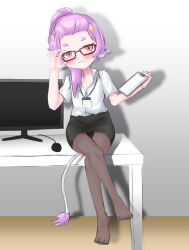 1girl animal_ears blush clipboard collarbone collared_shirt cow_ears cow_tail dress_shirt equus_ignis feet glasses highres horns looking_at_viewer mole muu_muyu name_tag pantyhose phase_connect pink_eyes ponytail purple_hair shirt sitting solo tail virtual_youtuber