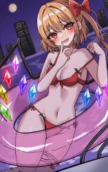 Rule 34 | 1girl, absurdres, adjusting clothes, adjusting swimsuit, bikini, blonde hair, bow, breasts, cityscape, commentary, crystal, finger to mouth, flandre scarlet, full moon, groin, hair bow, highres, innertube, kiui (dagk8254), looking at viewer, medium hair, moon, navel, night, off shoulder, one side up, open mouth, outdoors, pool, red bikini, red bow, red eyes, side-tie bikini bottom, small breasts, smile, solo, swim ring, swimsuit, touhou, wading, wings