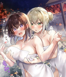 Rule 34 | 2girls, :o, @ @, autumn leaves, bad id, bad twitter id, blush, breast envy, breasts, brown hair, collarbone, commentary request, embarrassed, grabbing, grabbing another&#039;s breast, hair between eyes, hawawa-chan (shiro kuma shake), highres, large breasts, multiple girls, naked towel, navel, night, onsen, open mouth, original, outdoors, purple eyes, shiro kuma shake, short hair, sidelocks, solo, steam, towel, v-shaped eyebrows, wavy mouth, white towel