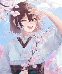 Rule 34 | 1girl, absurdres, ahoge, braid, braided bangs, branch, brown eyes, brown hair, cherry blossoms, cloud, cloudy sky, earrings, falling petals, floral print, gloves, hand up, highres, hikkishi, hololive, hololive english, japanese clothes, jewelry, kimono, lace, lace gloves, looking at viewer, multicolored hair, nanashi mumei, nanashi mumei (new year), obi, one eye closed, petals, print kimono, ribbon, sash, short hair, single earring, sky, streaked hair, virtual youtuber, white kimono