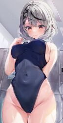 Rule 34 | 1girl, alternate costume, arm behind back, bare shoulders, black hair, blue one-piece swimsuit, blush, braid, braided bangs, breasts, closed mouth, commentary request, covered navel, cowboy shot, from below, gluteal fold, grey hair, hand up, hazuki yuzuru, highleg, highleg swimsuit, highres, hololive, indoors, large breasts, locker, locker room, looking down, one-piece swimsuit, red eyes, sakamata chloe, school swimsuit, solo, swimsuit, textless version, virtual youtuber
